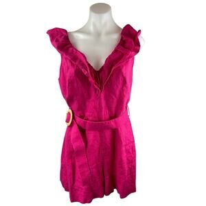 Mango MNG 100% Linen Pink Ruffle Belted V-Neck Sleeveless Jumpsuit Romper Size L